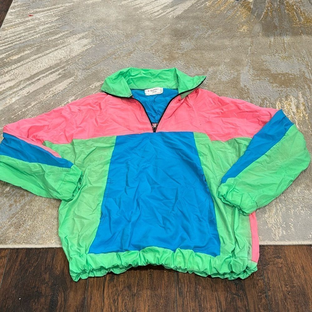 Handmade color block neon colors quarter zip pull over thin windbreaker size L
